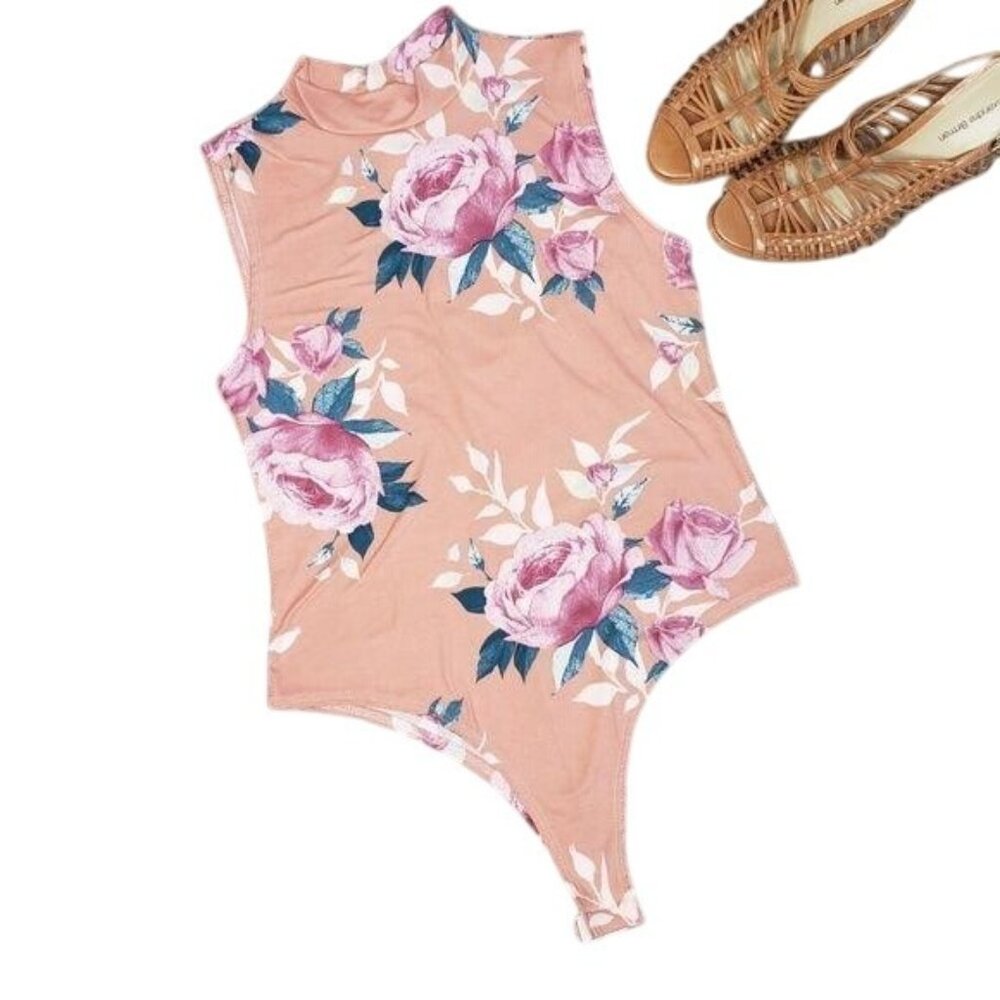 Say Anything High-Neck Sleeveless Bodysuit XL In Peach & Pink floral flowers